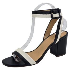 Talbots Nappa Leather Sandals Black White Ankle Strap Block Heel Women's 7.5M